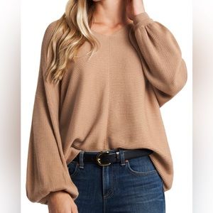 1.State Ribbed Balloon Sleeve Cotton Blend Sweater - Large in Wild Oak